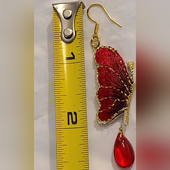 STERLING SILVER GOLD PLATED EMBROIDERED BUTTERFLY WINGS GLASS TEARDROP EARRINGS - Picture 8 of 9